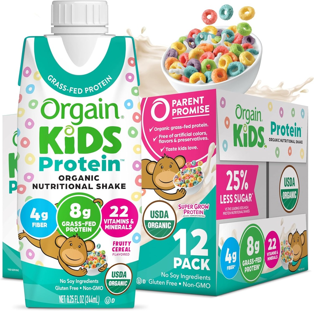 Orgain Organic Kids Nutritional Protein Shake, Fruity Cereal - Kids Snacks with 8g Dairy Protein, 22 Vitamins & Minerals, Fruits & Vegetables, Gluten Free, Soy Free, Non-GMO, 8.25 Fl Oz (Pack of 12)