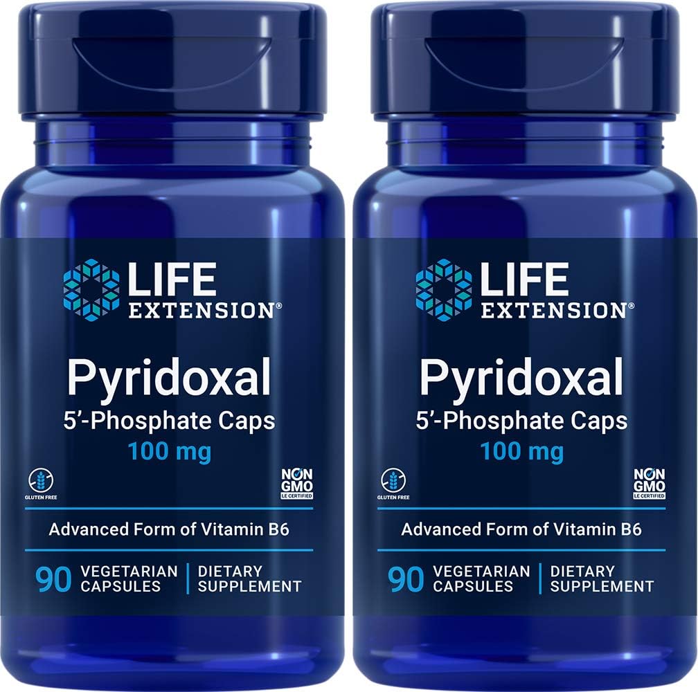 Extensie de viaţă Piridoxal-5'-Phosfat Capace P5P 100 mg, 90 Capsule de legume (Pachet de 2) - Advanced Vitamina B6 Supliment