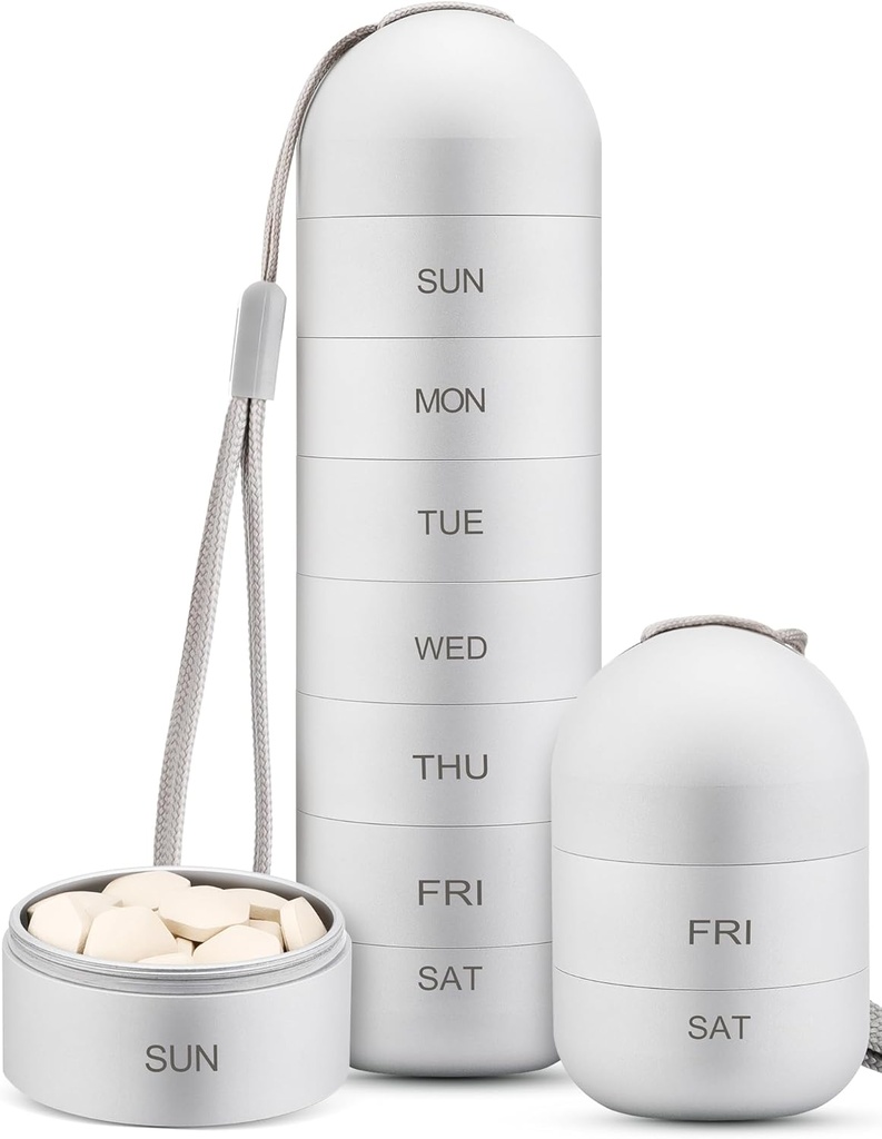Zannaki Umezeala Metal Proof Weekly Pilula Organizator, Stackable Aluminium Aliaj BPA Drumeţii gratuite 7 zile Pilula cutie Caz impermeabil şi Compartimentare mare pentru a ţine pastile, vitamine, ulei de peşte, Suplimente