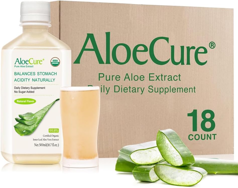 AloeCure USDA Organic Aloe Vera Juice Made Within 12 Hrs of Harvest - Pure Aloe Juice Natural Digestive Suplement to Support Digestion, Immunity System and Balanced Stomac Acidity, 18 x 500ml Sticle