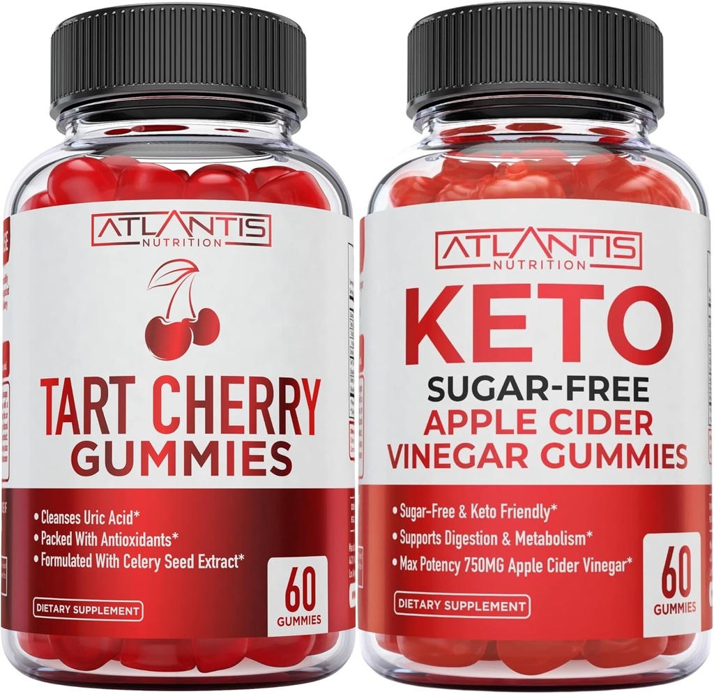 Atlantis Nutrition Tart Cherry 60 Gummies + Sugar Free Keto Apple Cidru Oţet 60 Gumries