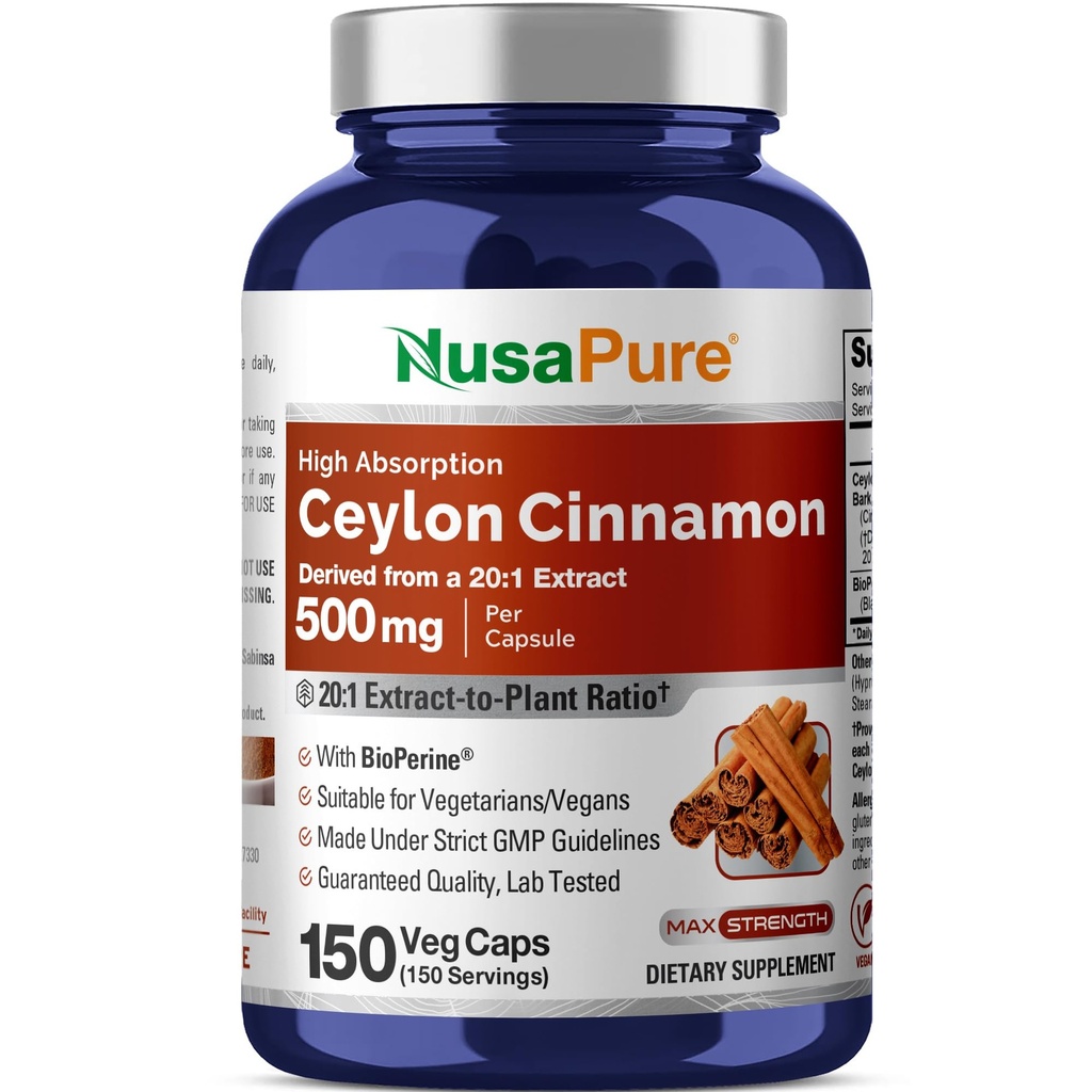 NusaPure Ceylon Cinnamon20:1 Extract, 500 mg echivalent cu 10.000 mg Per Caps 