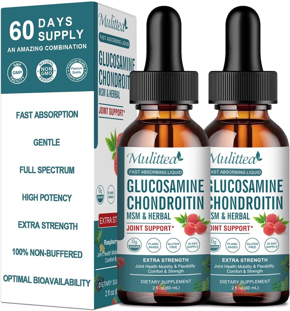 (2 ambalaj) Glucosamină Chondroitin MSM picături lichide - Extra Putere Supliment comun suport cu Elderberry, Boswelia, Bromelain, Acid hialuronic - Suport imun antioxidant pentru adulți, Bărbați și femei
