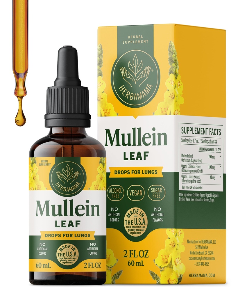 HERBAMAMA Mullein picături pentru plămâni - Extract de frunze de Vegan Mullein pentru Plamâni Curățare Suport - non-GMO, alcool și zahăr-gratuit supliment respirator, 28 de zile de aprovizionare