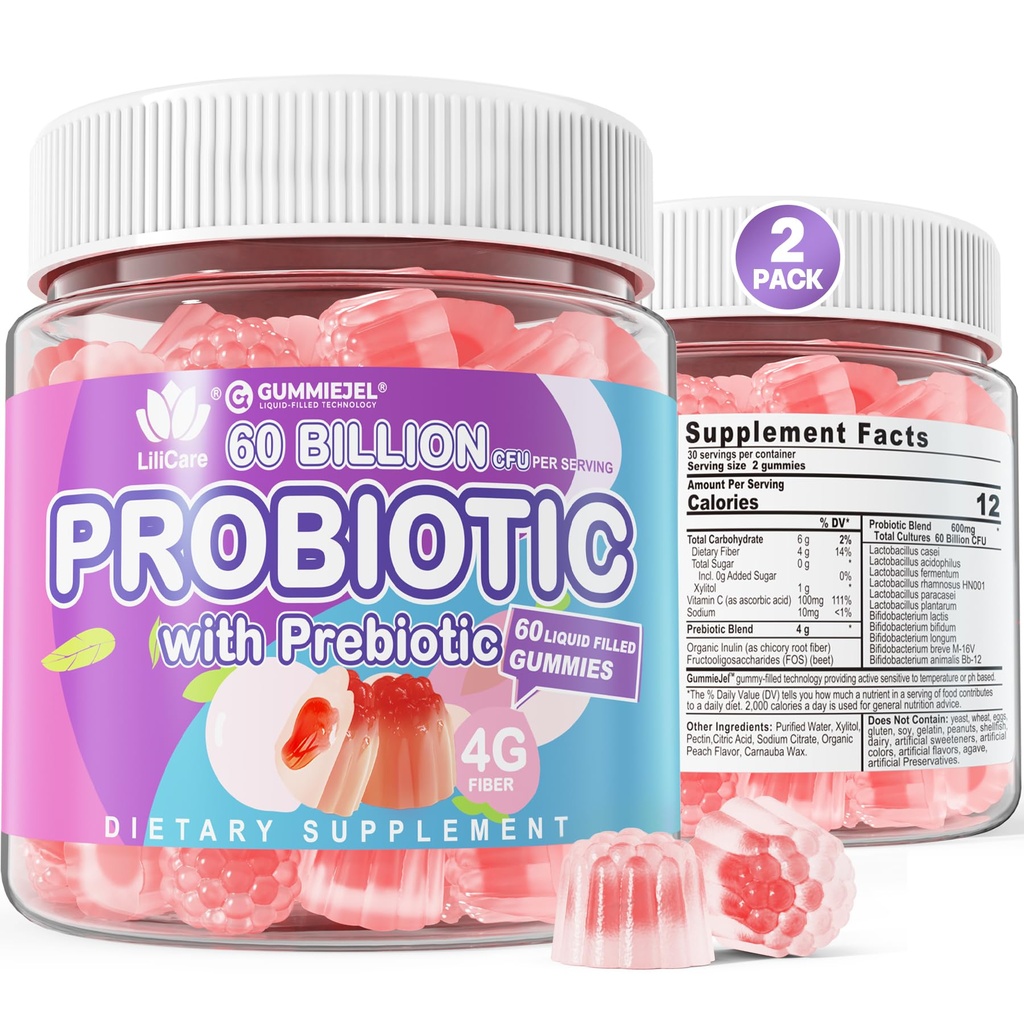 2Pack Probiotic + Prebiotice Guma de zahar gratuit 60 Miliarde CFU, 11 tulpini Probiotice umplute gume pentru femei Bărbați Digestive Sănătate și Gut, Sprijină Constipație, Diaree, Gaz și Blooting
