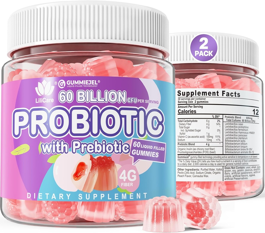 2Pack Probiotic + Prebiotice Guma de zahar gratuit 60 Miliarde CFU, 11 tulpini Probiotice umplute gume pentru femei Bărbați Digestive Sănătate și Gut, Sprijină Constipație, Diaree, Gaz și Blooting