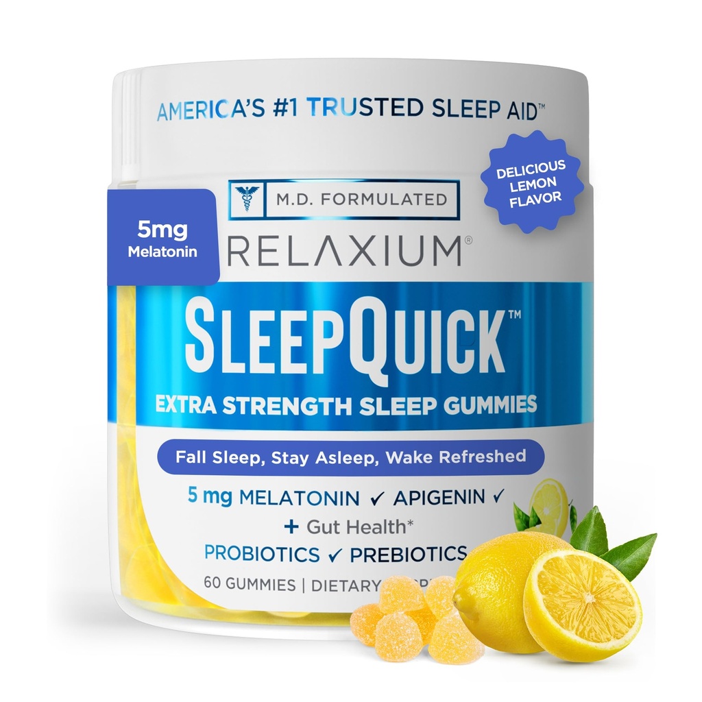 Relaxium Sleep Quick Gummy, Sleep Aid Support, 5 mg Melatonina, Vitamina D-3, Prebiotic & Probiotic Blend, Gluten & Drug Free, Lemon Flavor, 60 Gummies