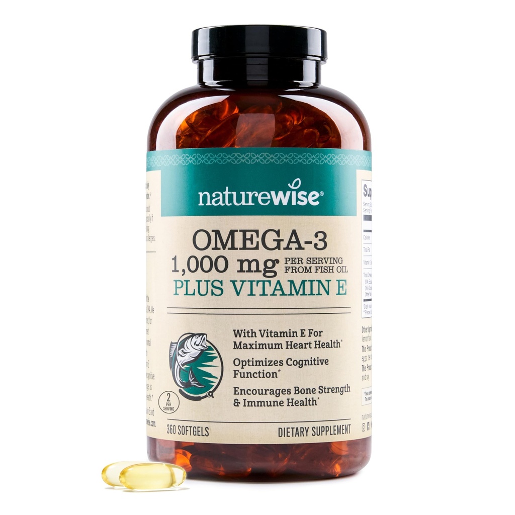 NatureWise Extra-Forngth Omega 3 Suplimentul de ulei de pește - 1000 mg per Serving - 600 EPA & 400 DHA și vitamina E - Sprijin pentru Heart & Brain Health - Aroma de lamaie, OMG-free - 360 Softgels[6-Month Supply]