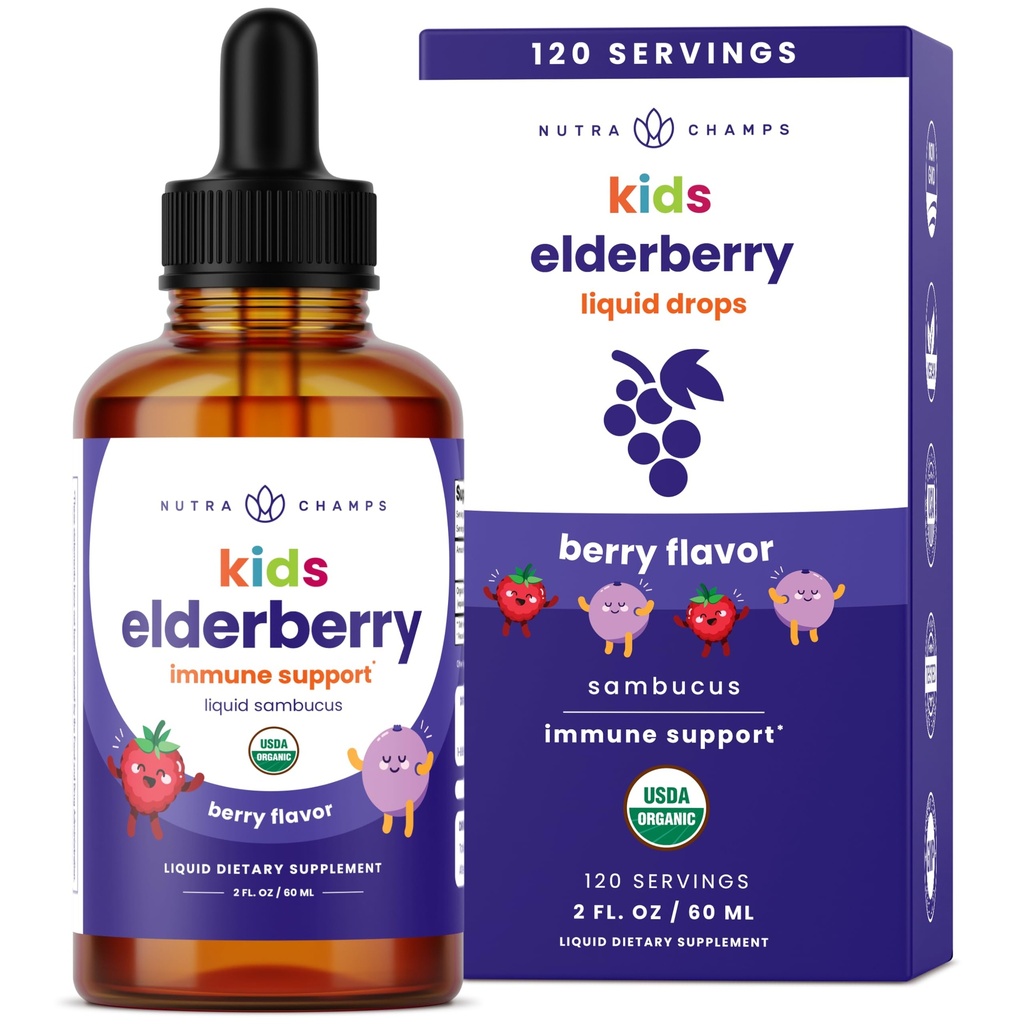 NutraChamps Black Elderberry pentru copii Picături lichide, 10:1 Extract Sambucus Elderberry Sirop pentru copii, Sugar-Free European Elderberry picături Aroma de Berry, Suport Immune, 4 Luna de aprovizionare