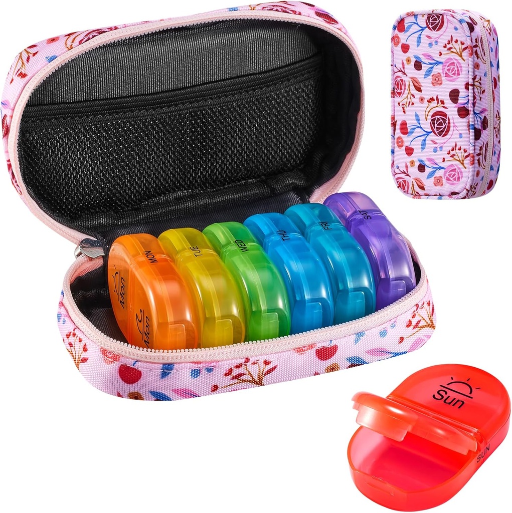 Serfeymi Weekly Travel Pill Organizator 2 Times A Day AM PM Upgraded Rainbow Pill Box 7 Ziua cu Portable Zipper Canvas Pill Case, Medicina Organizator pentru pastile, vitamine, uleiuri de pește - roz 01