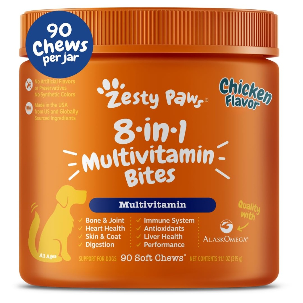Zesty Paws Dog Multivitamine, Vitamine de câine masticabile și suplimente pentru Hip & Joints, Piele & Coat, Omega 3 ulei de pește pentru câini- Senior & Puppy Multivitamine- Pui- 90ct