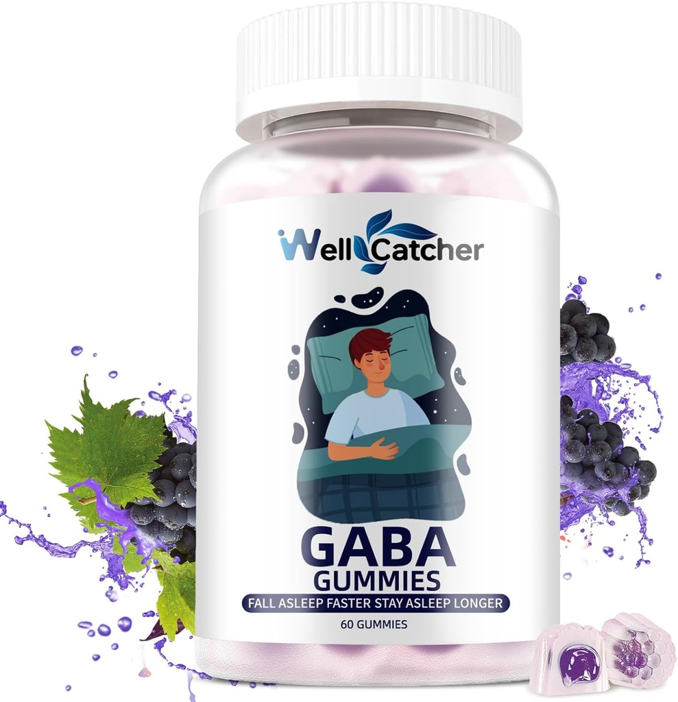 GABA Supliment Gummies 500mg: Masticabil GABA L-teanină Supliment Gumies pentru adulți Copii non Melatonina Ajutor de somn Calm Mintea cu 5-HTP pentru Stres Relief Zzz Mai bine Sugar Grape Flavor 60CT