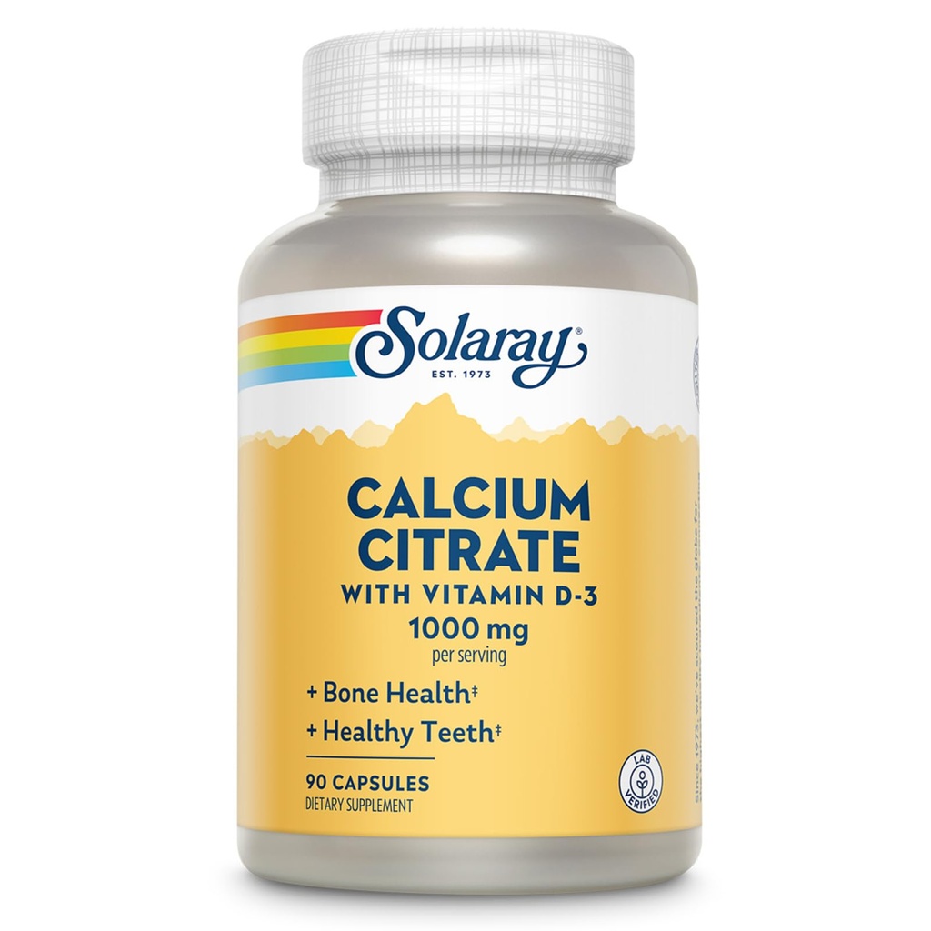 Solaray Citrat de calciu cu vitamina D3 1000mg - Rezistenta osoasa si suport dinti sanatos - Formula de digestia blânda - Lab verificat, 60 zile de garantie - 15 Serviri, 90 capsule