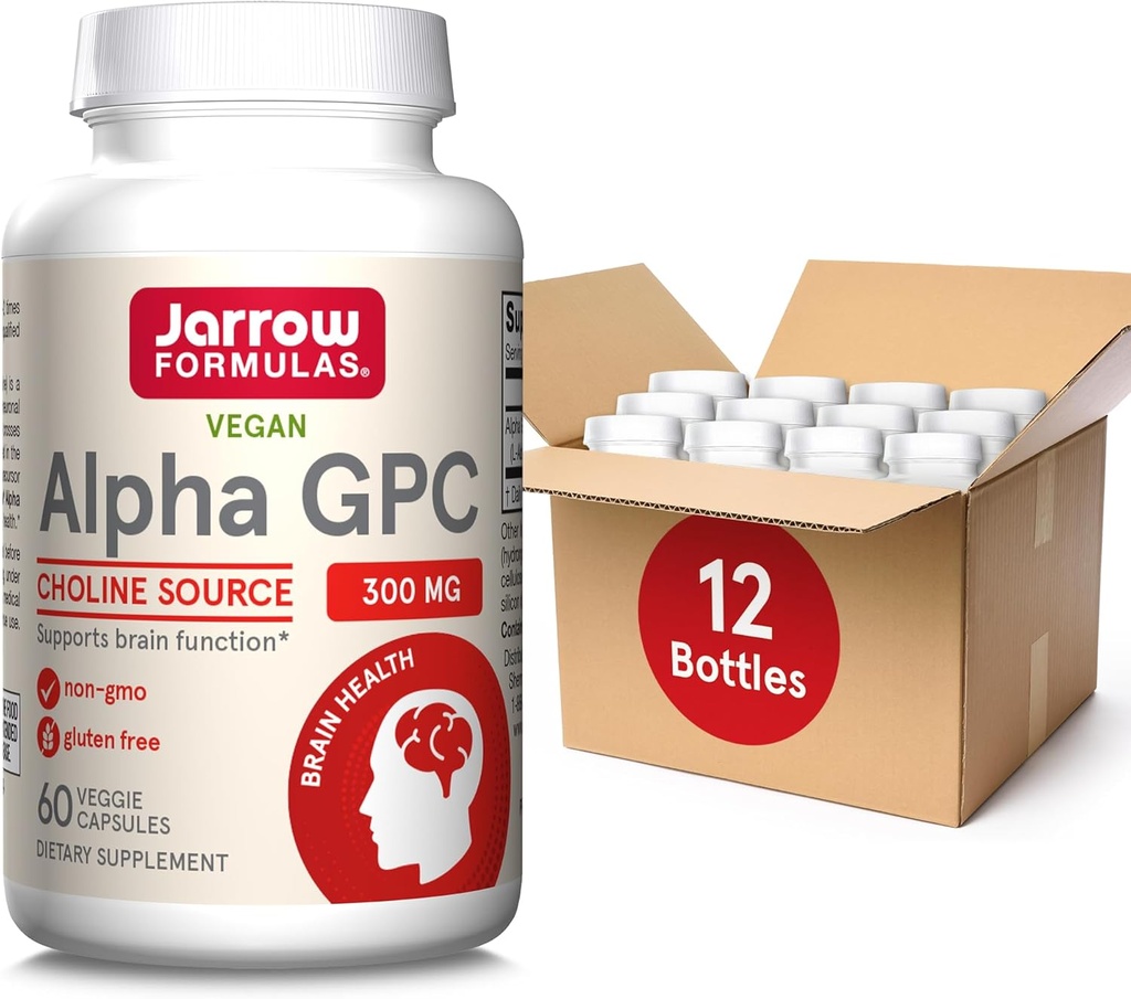 Jarrow Formulas Alpha GPC, 300mg, Supliment alimentar, Suplimente pentru sanatatea creierului pentru adulti, 60 Capsule vegetale, 30 zile de aprovizionare (PACUL DE 12)