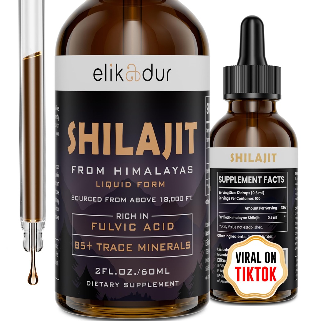 Silajit Resin Organic Liquid Supplement, Shilajit Himalayan Organic, Vitamine lichide pentru femei și bărbați, 85+ Trace Minerale, Alternative la Resin & Capsule, Energie & Funcția imunitară, Vegan, 60 ml