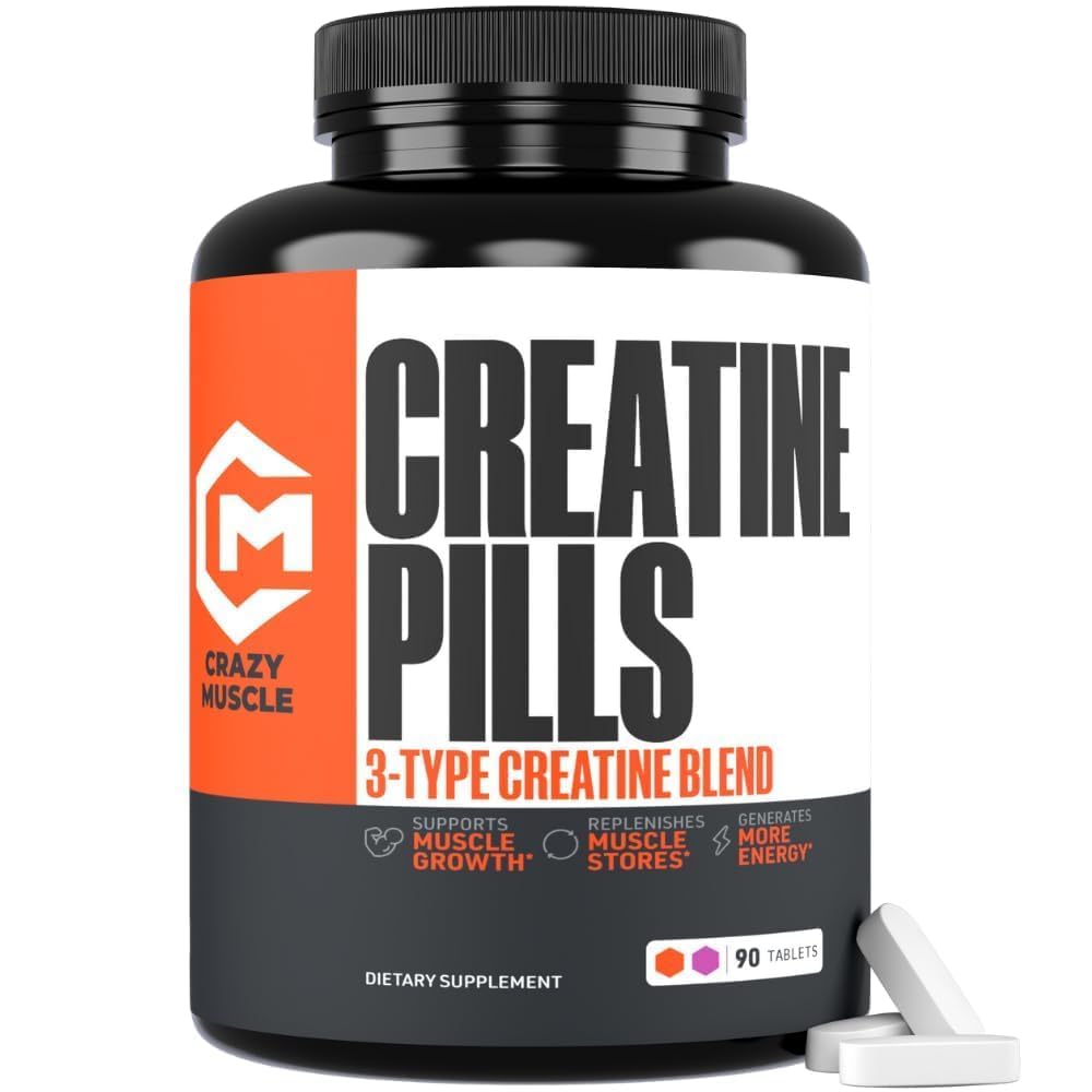 Crazy musculare Creatina pastile, 5g 3X Creatină pură Monohidrat, Pre antrenament vrac musculare Gainer masă, Absorbție mare Ușor de a lua treiAtine 3 tip Performanță optimă pentru creștere lean, 90 comprimate