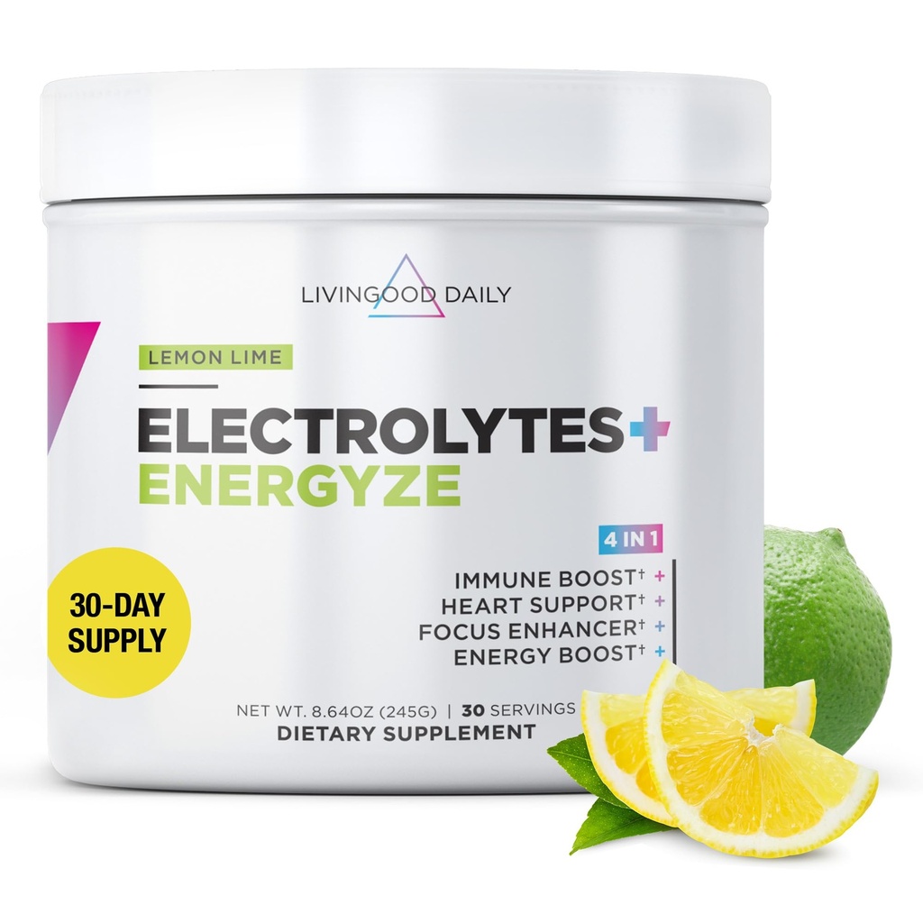 Livingood Daily Electrolytes Powder, Electrolytes Hydration Powder cu vitamina C, Taurină, D Ribose & FOS, Sugar Free Electrolyte Drink Mix, Keto, Gluten Free, Lemon Lime Flavor, 30 Servings