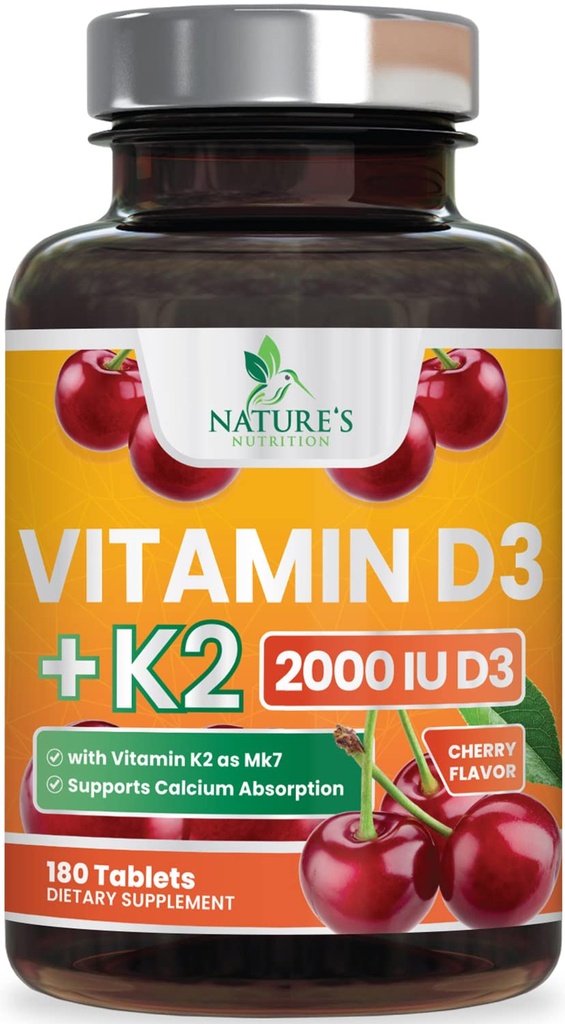 Vitamina D3 K2 2000 UI Plus cu K2 (MK-7) 75 mcg - Vitamine D & K Supliment complex pentru oase, dinţi, muşchi, absorbţie de calciu, susţine Imuna şi Heart Health, Formula non- GMO masticabile - 180 comprimate
