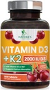 Vitamina D3 K2 2000 UI Plus cu K2 (MK-7) 75 mcg - Vitamine D & K Supliment complex pentru oase, dinţi, muşchi, absorbţie de calciu, susţine Imuna şi Heart Health, Formula non- GMO masticabile - 180 comprimate