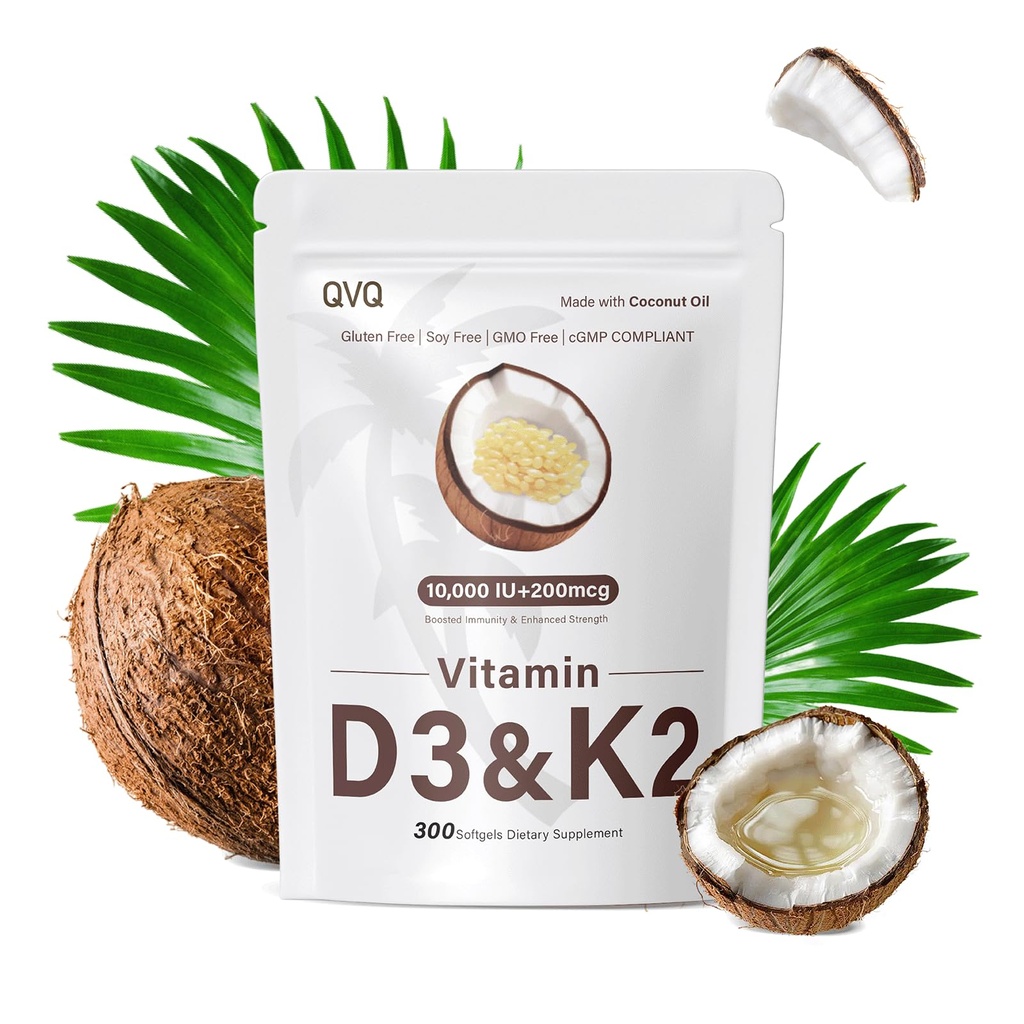 300 buc 2 in 1 Vitamina D3 10000 ui Plus K2 (MK-7) 200 mcg Virgin Nuca de cocos Ulei Softgels cu vitamine D & K suporta absorbtia de calciu, os, imun, & Heart Health 