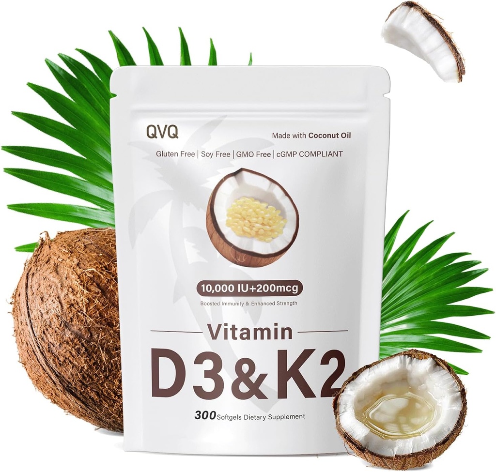 300 buc 2 in 1 Vitamina D3 10000 ui Plus K2 (MK-7) 200 mcg Virgin Nuca de cocos Ulei Softgels cu vitamine D & K suporta absorbtia de calciu, os, imun, & Heart Health 