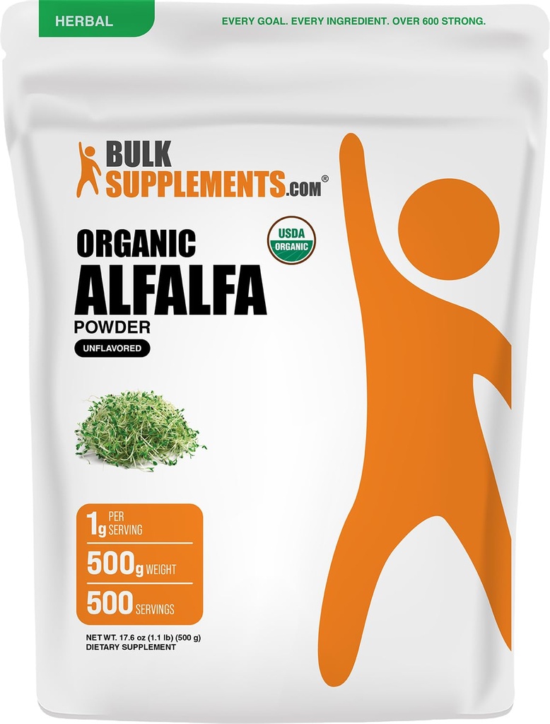 BulkSupplements.com Pudră organică Alfalfa Grass - Suplimentul Alfalfa, Pulbere Superalimentară Verde - Vegan & Gluten Free, 5g per Serving, 500g (1.1 lbs) (Pachet de 1)