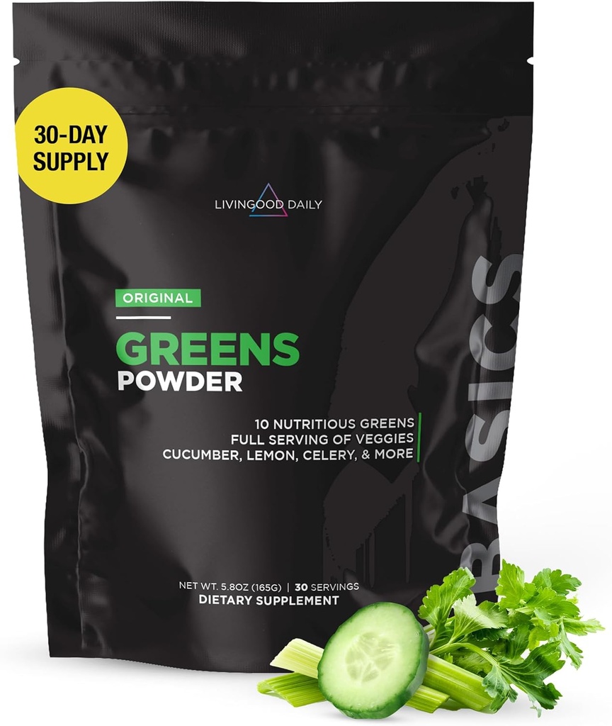 Livingood Daily Basic Greens Powder, Super Greens Drink Mix cu Spirulina, Broccoli, Kale, Wheat Grass & Chlorella, Organic Vegetal Blend, Vegan, Gluten Free, Non OMG, 30 Servings