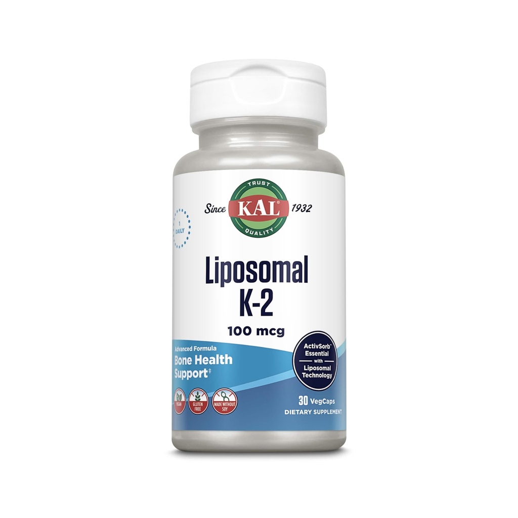 KAL Liposomal Vitamina K2 Supliment cu MK7 100 mcg - Absorbție ridicată, Tehnologie lipozomala - Advanced Bone Support - Vegan, Gluten gratuit, Made without Soy, 30 Servings, 30 VegCaps