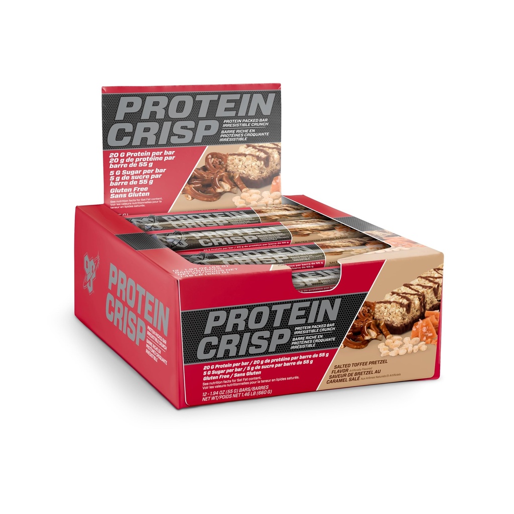 BSN Proteine Crisp Bar, Salted Toffee Pretzel, 20 Gram Proteine Snack Baruri cu Whey și Fiber, Gluten-Free Crunchy Baruri de energie pentru antrenament, Fitness, On-the-Go, 12 Conte