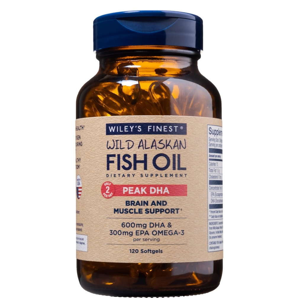 Wiley's Finest Wild Alaskan Fish Oil Peak DHA - 900mg EPA și DHA Omega-3s - 120 Softgels (60 Servings)