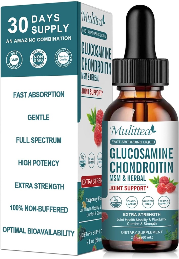 Glucosamină Chondroitin MSM Picături lichide-w/Elderberry, Boswelia & Acid hialuronic-Extra Putere Suport comun pentru mobilitate, flexibilitate & oase, Absorbție ridicată,60ml (2 fl oz)