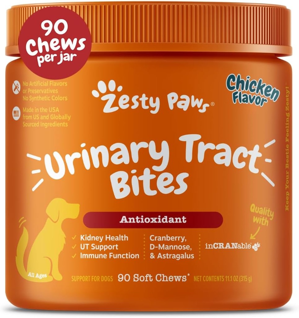Zesty Paws Cranberry Supliment pentru câini - Controlul vezicii urinare pentru câini - Suport Tract urinar - Chews - Immune & Gut Support - Pui - 90 Conte