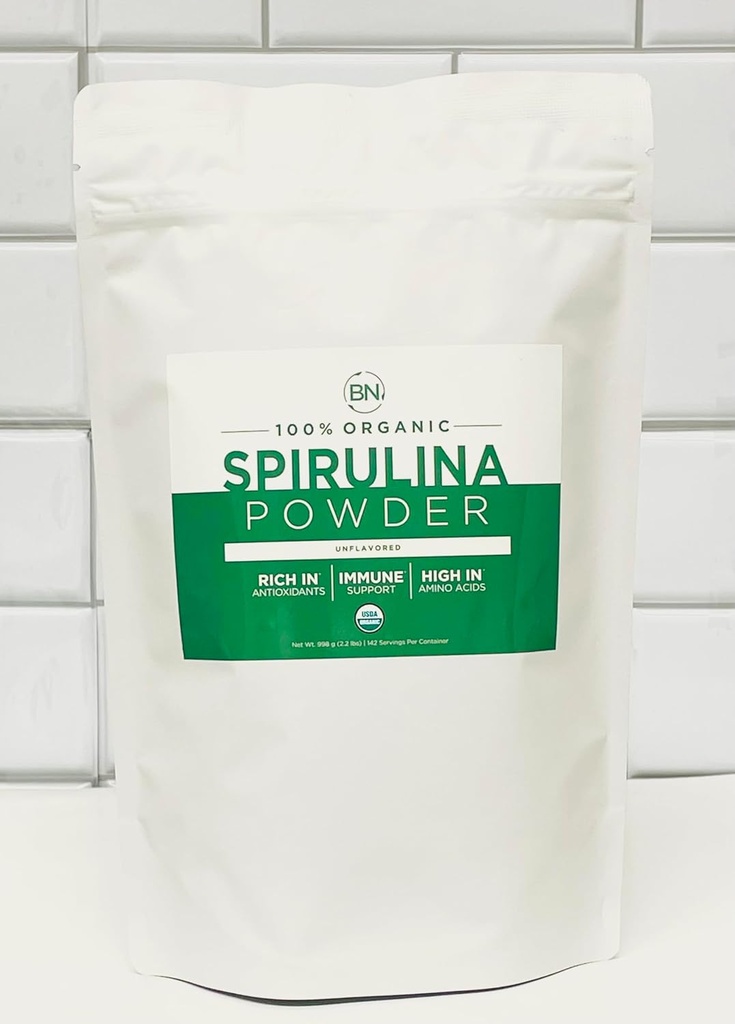 Spirulina Powder Organic 1kg/2.2lb -285 Servings 3.5g Serving Dimensiune - USDA Certified - RAW Nutrient Dense Peste 70% Proteina per Serving - cea mai pură sursă de proteine Vegan - Superfood