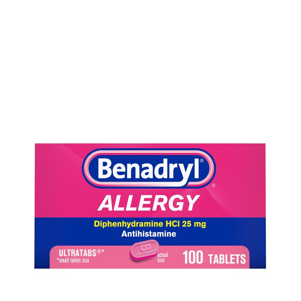 Benadryl Ultimabs Alergie Medicina, 25 mg difenhidramină HCl Antihistaminice tablete pentru refrigerare şi alergie Relief de simptome cum ar fi Strănut, Runny Nose, Itchy Eyes & Throat, Hay Fever, 100 Count Tablets