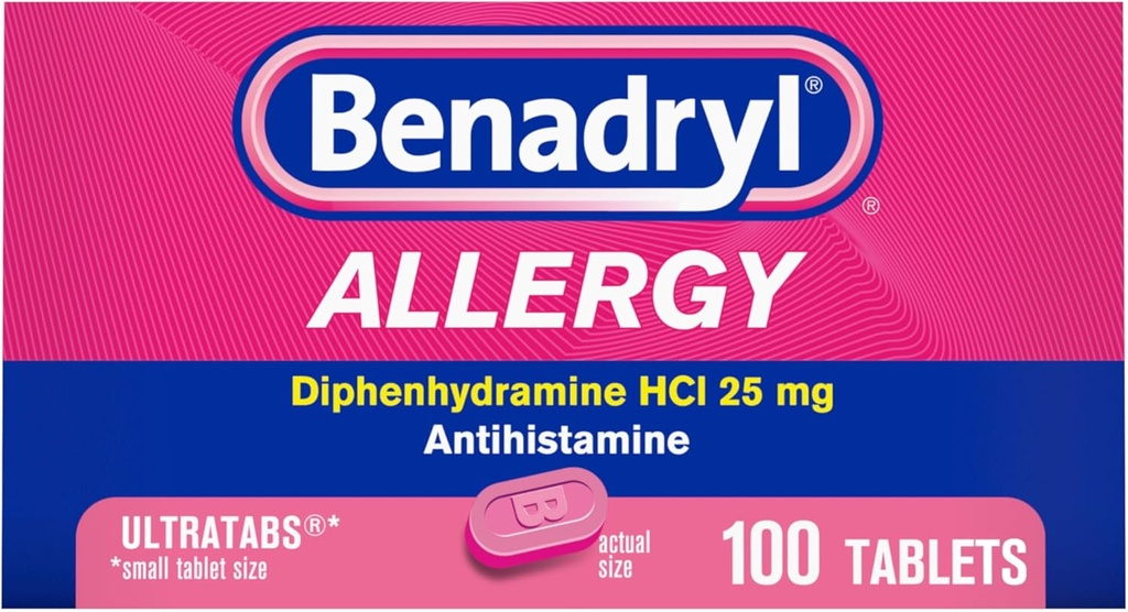 Benadryl Ultimabs Alergie Medicina, 25 mg difenhidramină HCl Antihistaminice tablete pentru refrigerare şi alergie Relief de simptome cum ar fi Strănut, Runny Nose, Itchy Eyes & Throat, Hay Fever, 100 Count Tablets