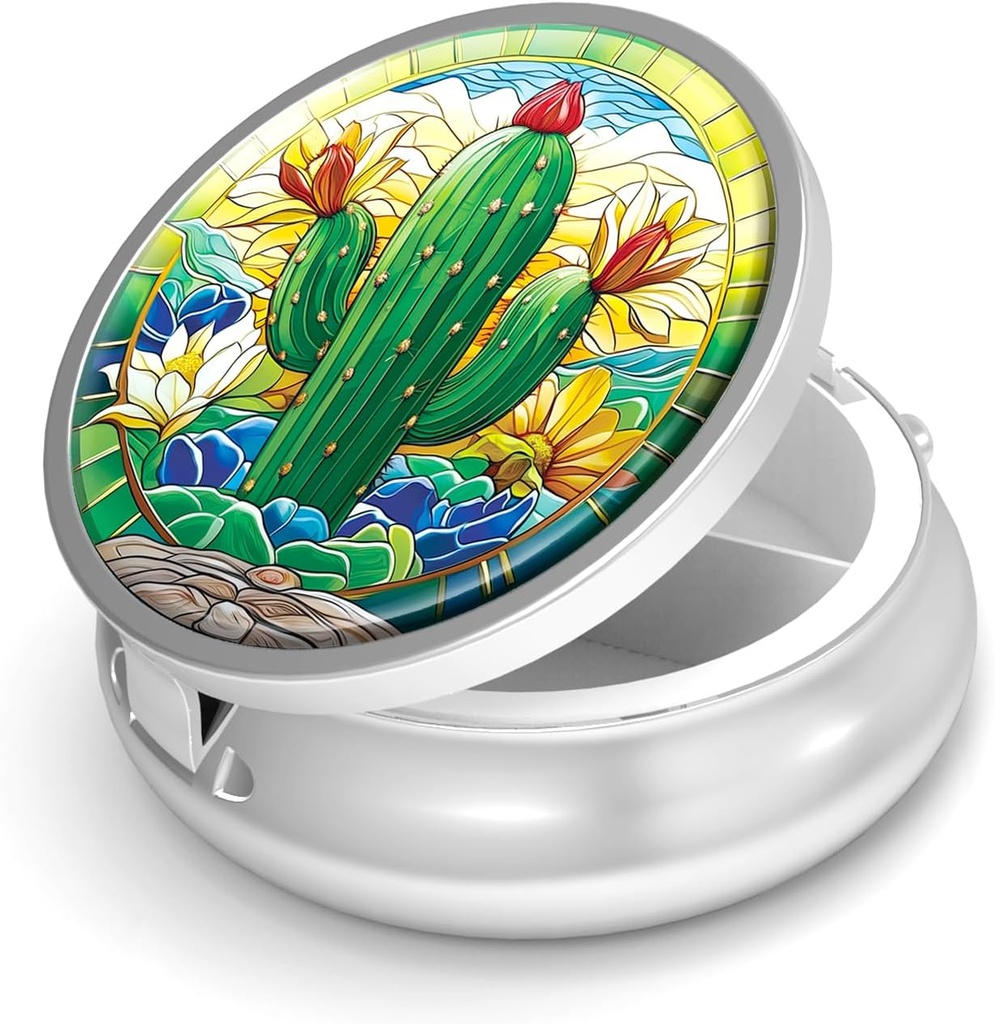 Cutie de pastile-3 Compartiment de mici pastile pentru Purse & Pocket Mini Metal Pilula Holder Travel Pilula Container pentru a deține suplimente Vitamine BPA-Free (Cactus)