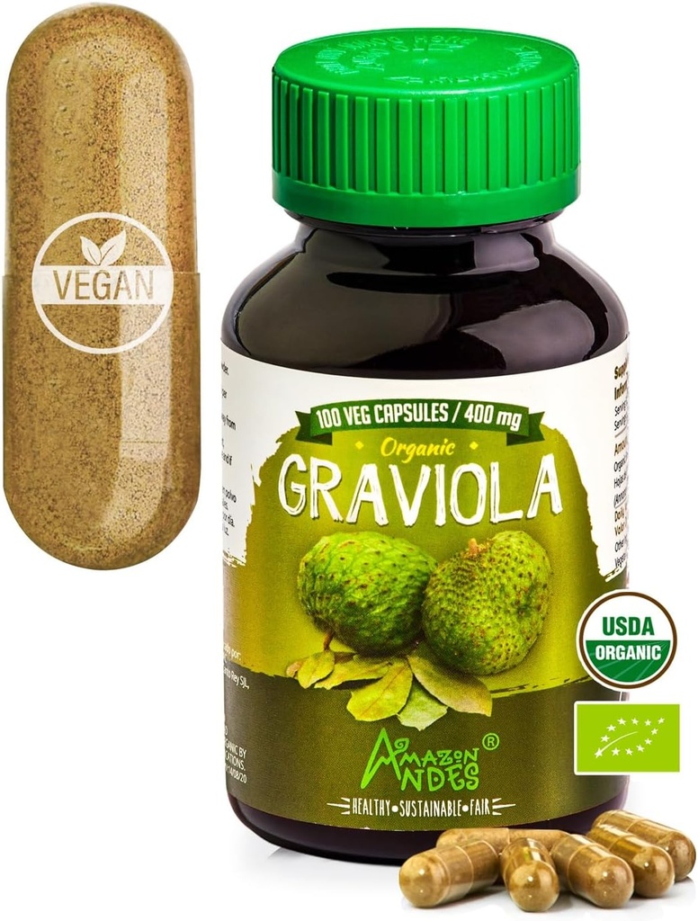 Capsulele Anzi Graviola - bogat în vitamina C & Fibră - Stimulator al sistemului imunitar - Funcţia celulară sănătoasă - Vegan, Non OMG, Gluten-free, Fairtrade Certified - 100 Soursop pastile (400mg)
