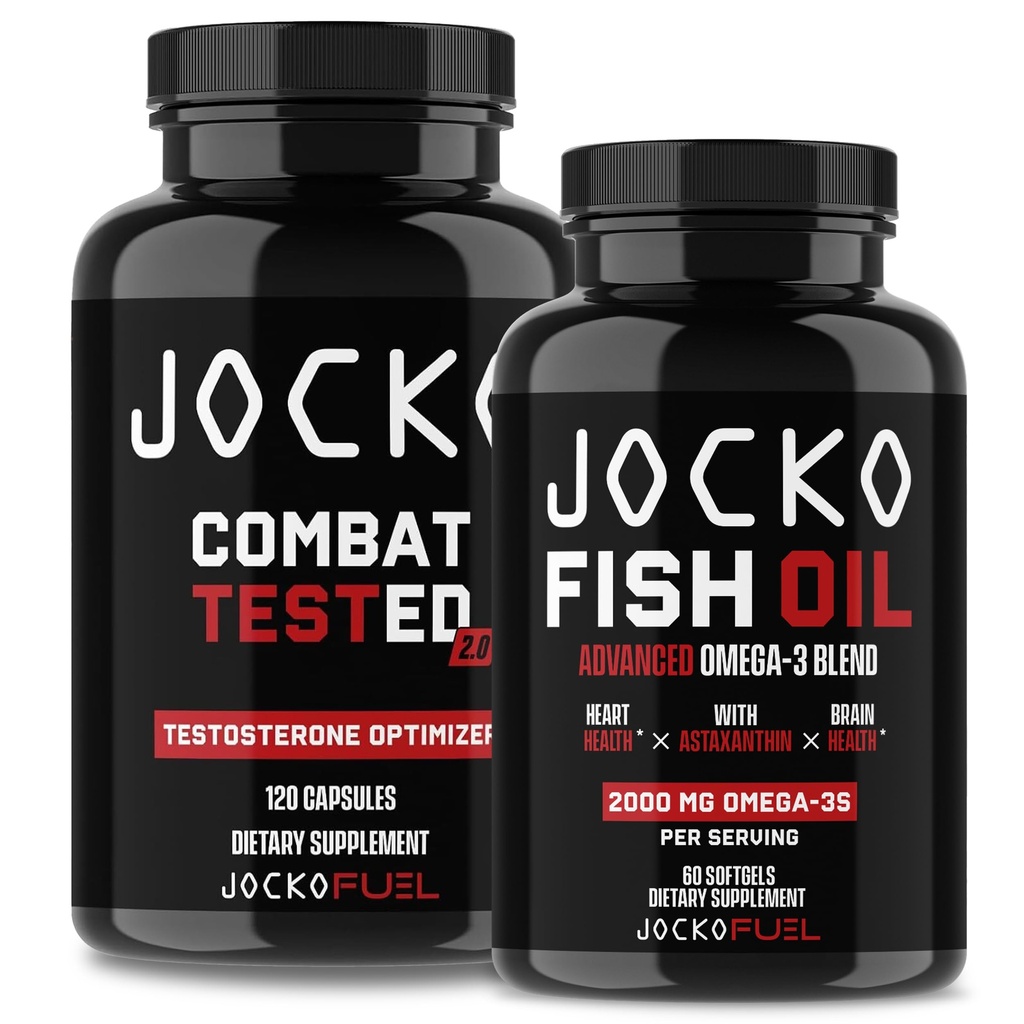 Suplimente combustibil Jocko Bundle - Booster de testare pentru bărbați + ulei de pește Omega 3 (2 ambalaj) Antioxidant puternic și musculare constructor