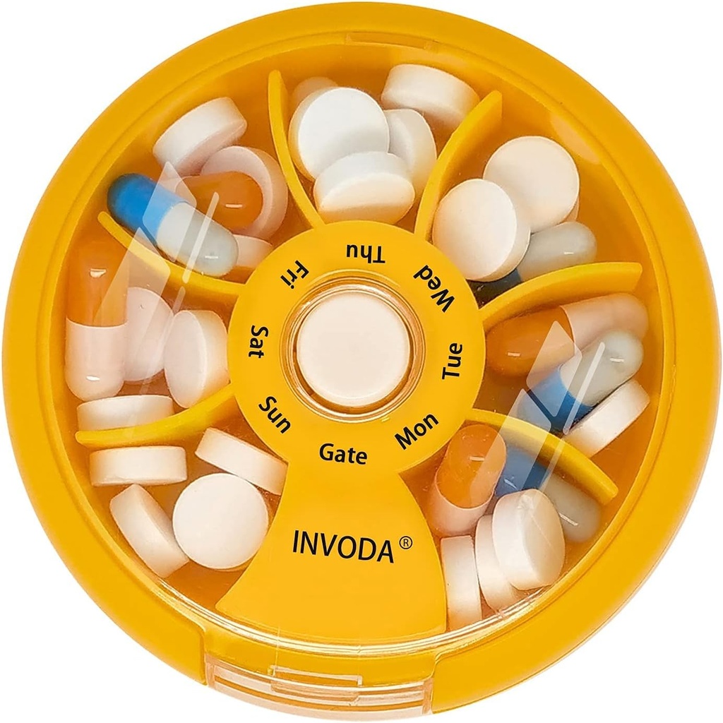 INVODA Weekly Pill Organizator 7 Compartiment Rotating Pilula cutie pentru medicatie zilnica si vitamine - Portable Travel Pilula Suplimente de ulei de peste Organizator vitamine (Orange)