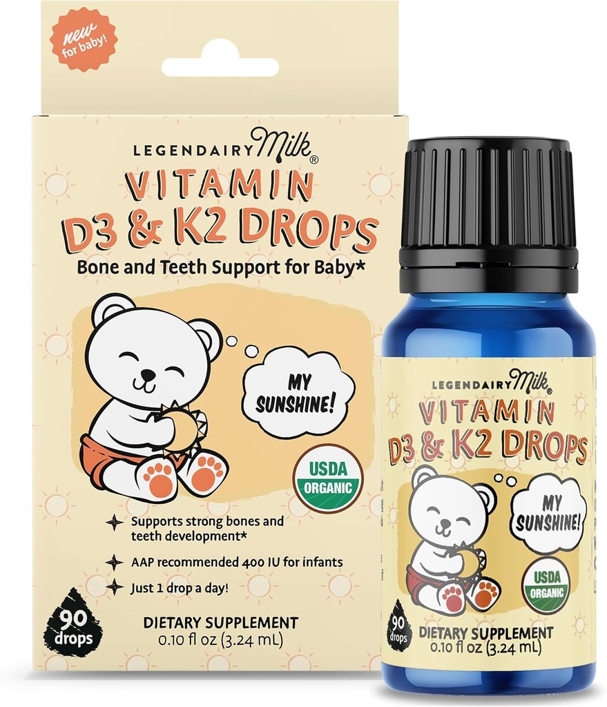 Legendairy Lapte organic Baby Vitamina D3 K2 Picături lichide, 400 UI de Baby Vitamina D picături pentru sugari cu K2 picături, Vitamina D picături pentru nou-născuți, Copii și copii, Vegan, 90 picături de lichid