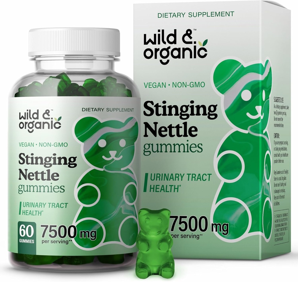 Wild & Organic Stinging Nettle Root Gumries 7500mg - Suplimentul de suport pentru tractul urinar pentru bărbați și femei cu extract de rădăcină Stinging Nettle - 60 Vegan, gummie non-GMO