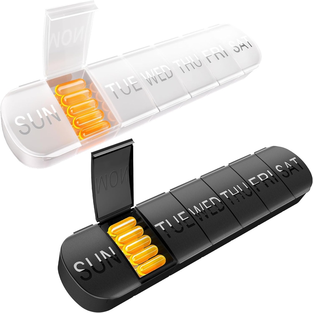 Weekly Pill Organizator 2 ori pe zi, Travel Pill Box 7 zile Compartiments Extra Large Vitamina Holder, Daily Pill Container 7 zile XL Medicine Dispenser pentru caz ulei de pește (2PCS Black-White)