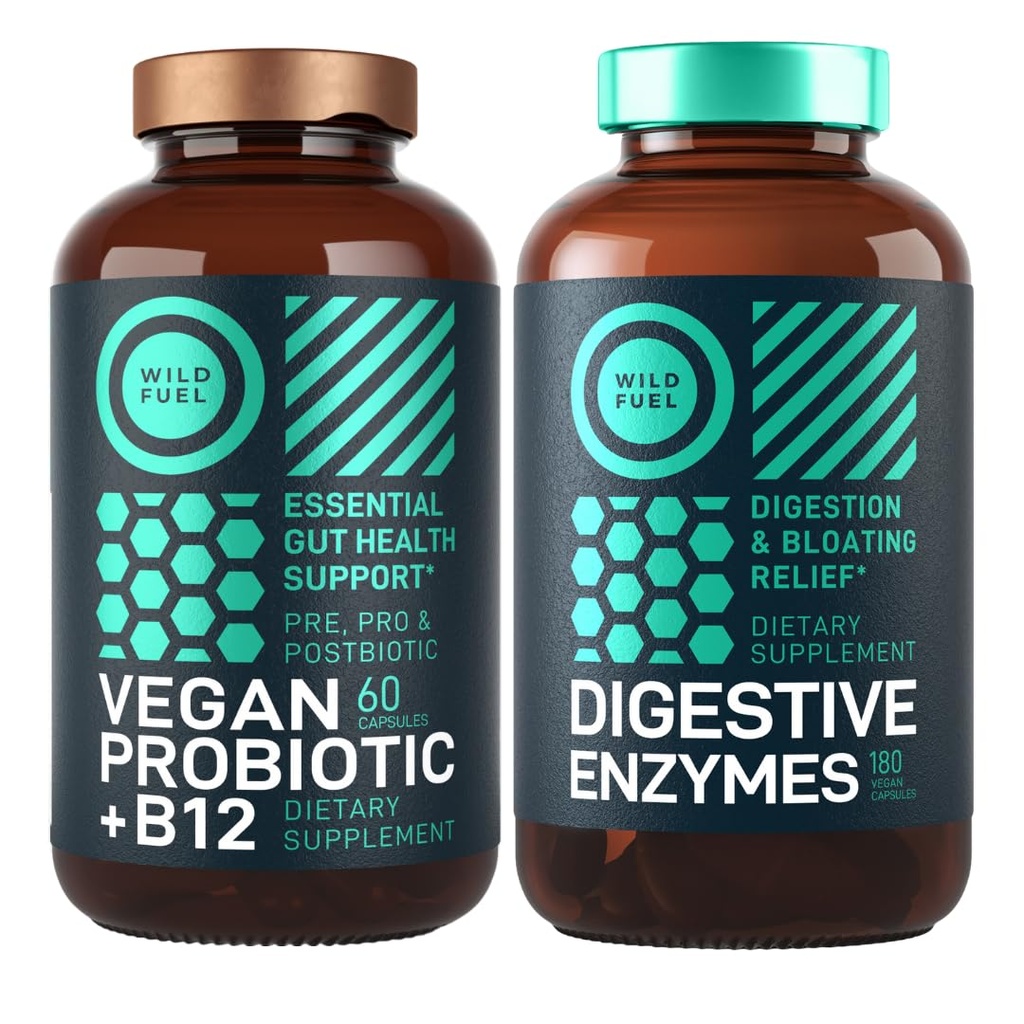 Enzime digestive cu probiotice și prebiotice și Vegan Probiotic Plus B12 îmbunătățit Digestive și Gut Health Bundle