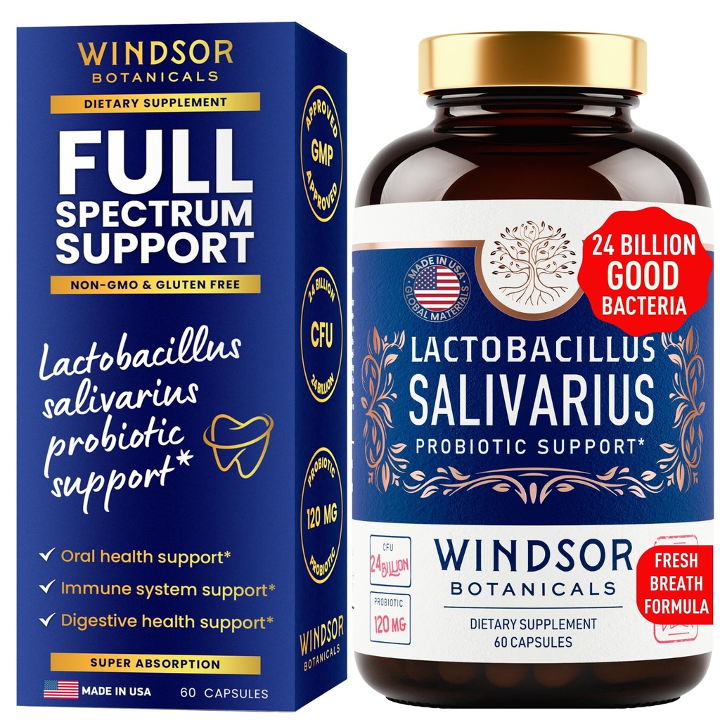 Lactobacillus Salivarius Probiotic - 24bn CFU L Salivarius Probiotice dentare pentru dinţi şi gingii - Tratamentul respiraţiei proaste pentru adulţi, suport imunitar, Sănătate digestivă - 60 capsule probiotice orale