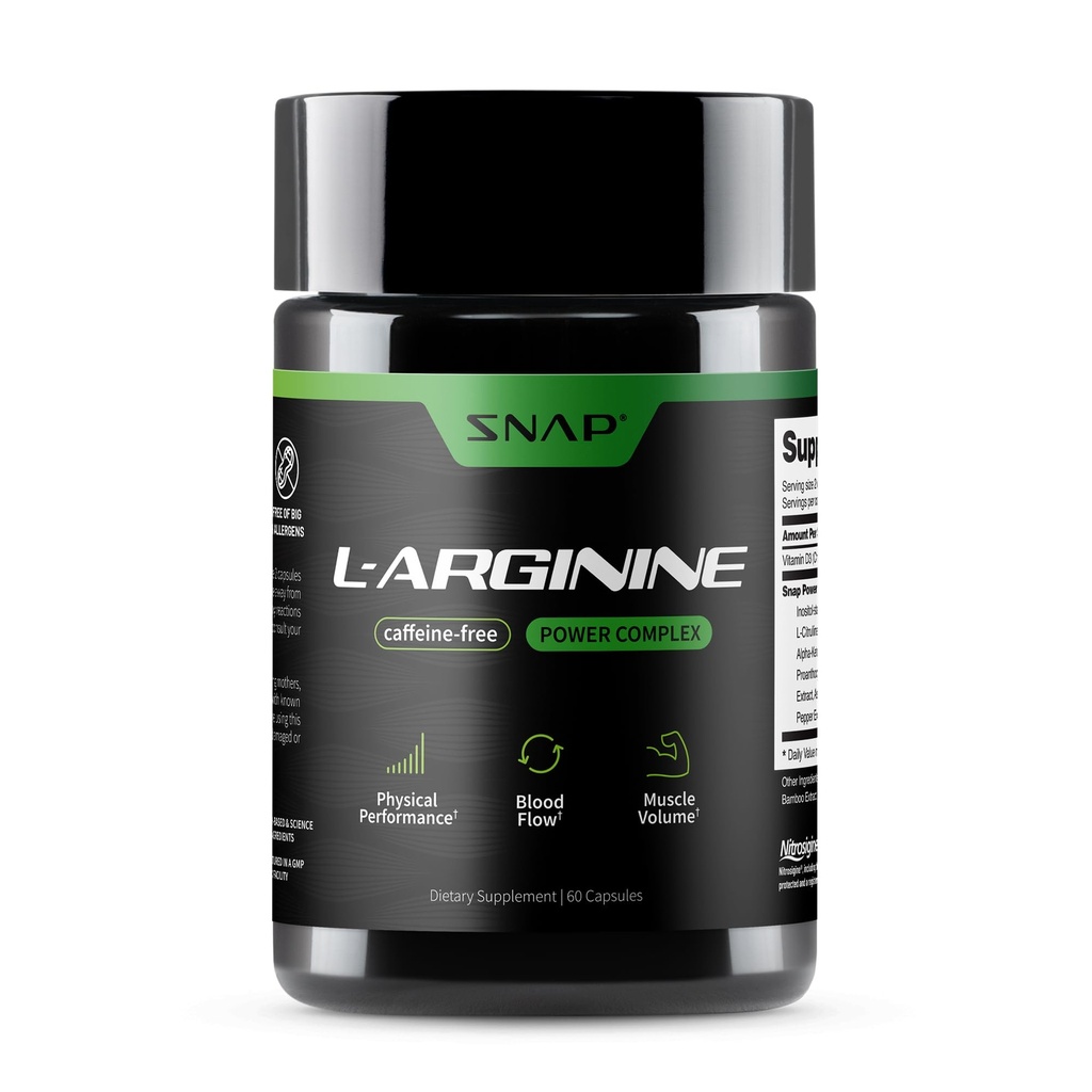 Snap Suplimente L Capsulele de Arginine - Sprijină energia naturală, creşterea fluxului sanguin şi a creşterii musculare şi a sănătăţii Cardio, 60 Capsule vegetariene (30 Servings, 1 lună de aprovizionare)