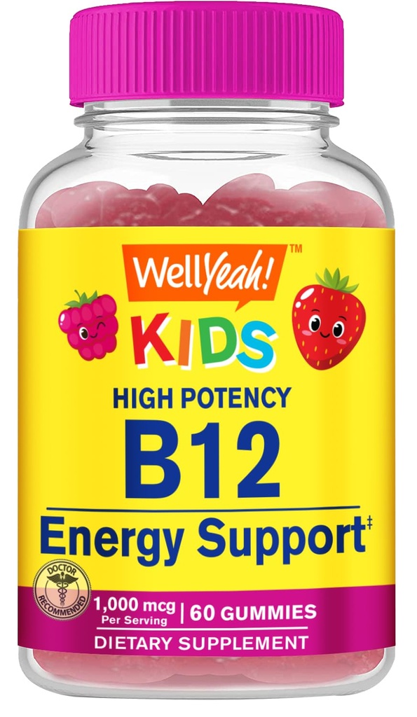 Ei bine, vitamina B12 Gume pentru copii - Boost Energy, Imbunatatirea Functiei Creierului, si Consolidarea sistemului imunitar - non-GMO, Gluten-Free - Mare Tasting Aroma Berry - Usor de mestecat - 60 Gume