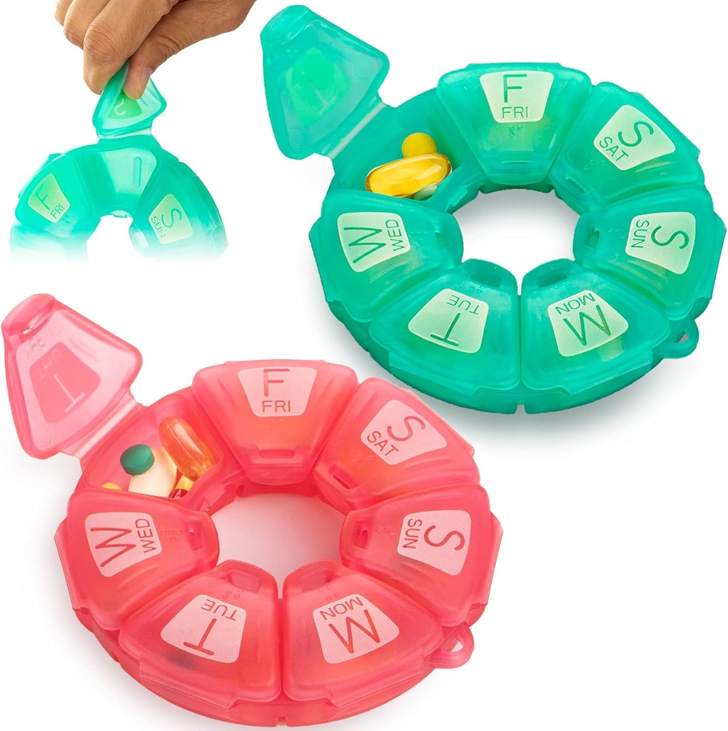 Round Weekly Pill Organizator, TPU Rubberized, Travel Pill Container 7 zile, cu 7 Compartimente mari, Cute Pill Case cu litere mari și Braille (2 buc Green Rose)