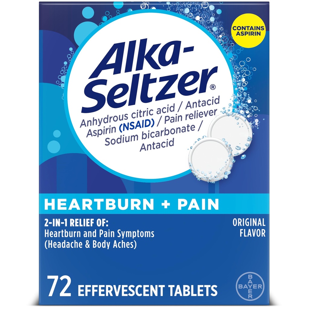 Alka-Seltzer Arsuri la stomac + durere Aspirină efervescentă + Antiacide comprimate, Relief de arsuri rapide şi Indigestie Acidă Relief, Relief de durere cu aspirină, 72 CT