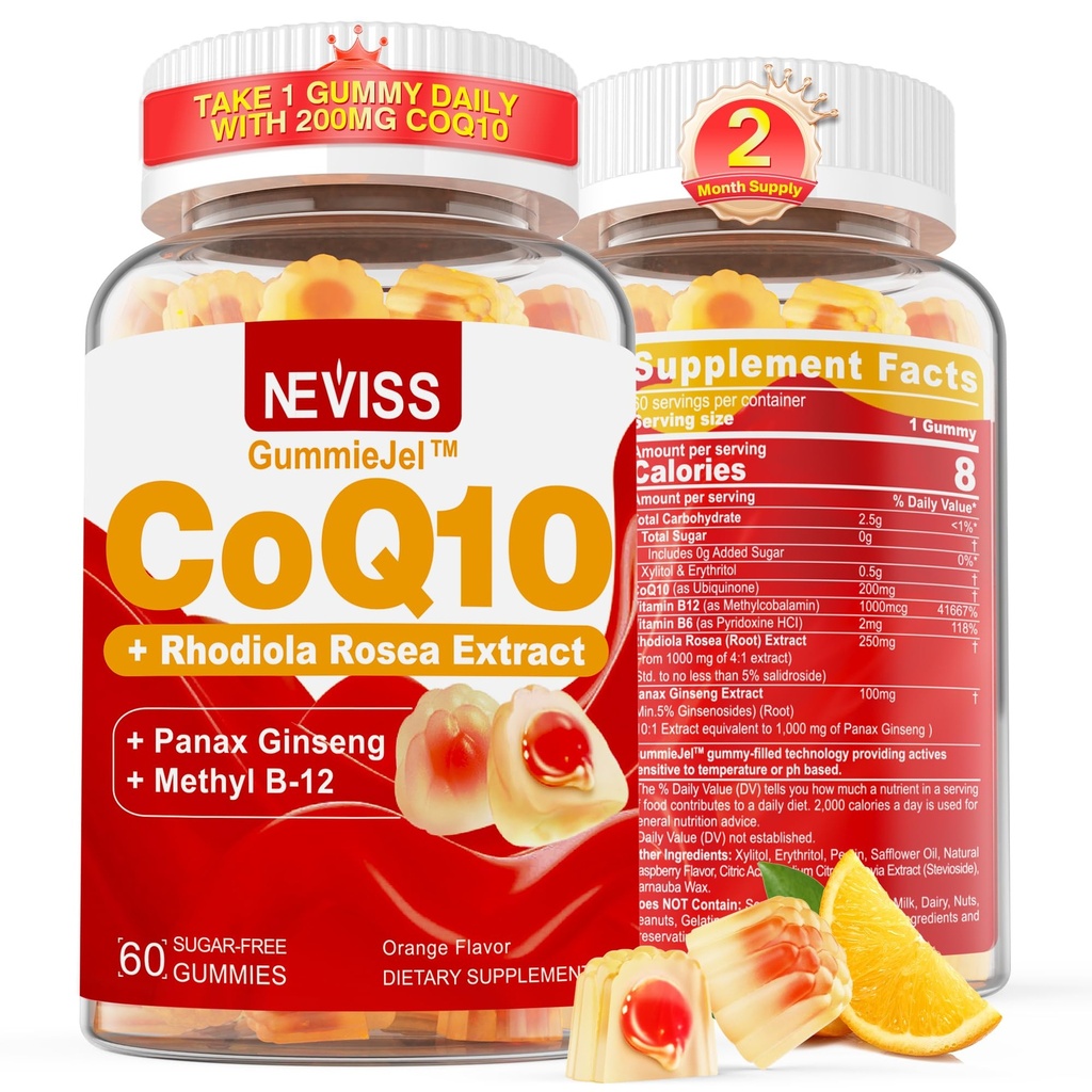 Sugar Free CoQ10- 200mg 400mg Gume umplute - 2 luni de aprovizionare - w/ Vitamina B12 1000mcg, Rhodiola Rosea & Panax Ginseng, B6, Coenzima Q10 Supliment pentru Hear-t, Energie, Antioxidant, Ultra Absorbţie