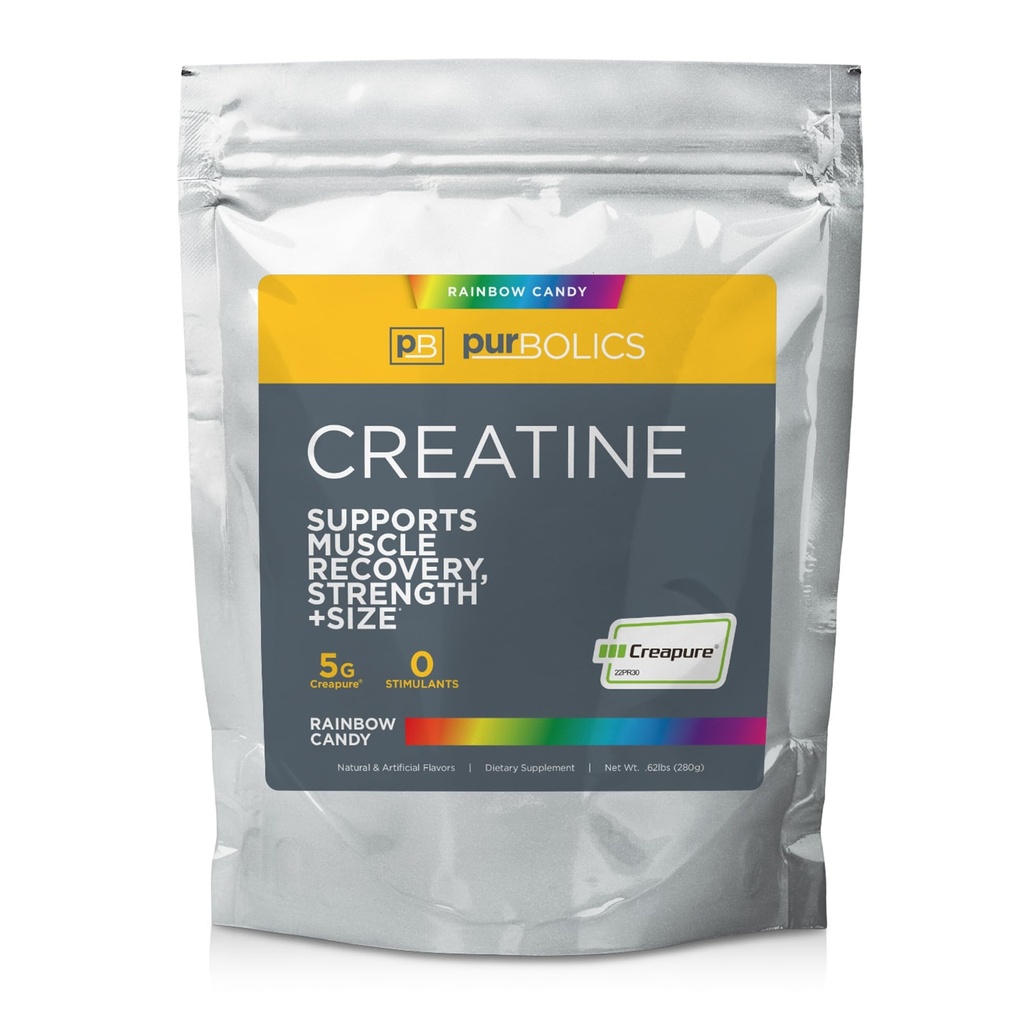 Purbolics Creatine Creapure Monohidrat, Micronited Creatine 5g, Lift de performanță de antrenament și recuperare, Construi puterea, Îmbunătățiți pompe (50 serviri, Rainbow Candy)